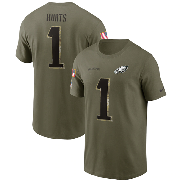 Men's Philadelphia Eagles #1 Jalen Hurts 2022 Olive Salute to Service T-Shirt